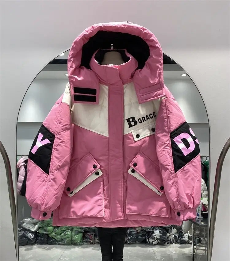 Caldo inverno piumino giacche donna Parka con cappuccio abbigliamento invernale cappotto da neve Casual spessa piumino corto brillante Streetwear