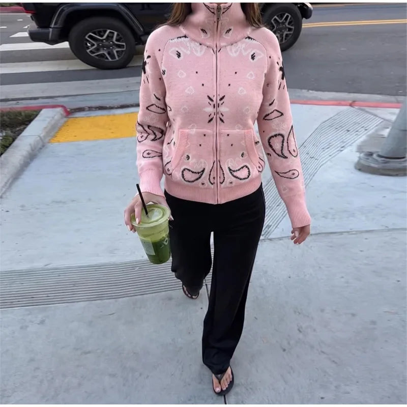 Cardigan da Donna in Maglia Stampata Casual, Maniche Lunghe, Cerniere, Colletto Alto, Tasche, Cappotti Autunno 2026, Abbigliamento Femminile Chic da Strada