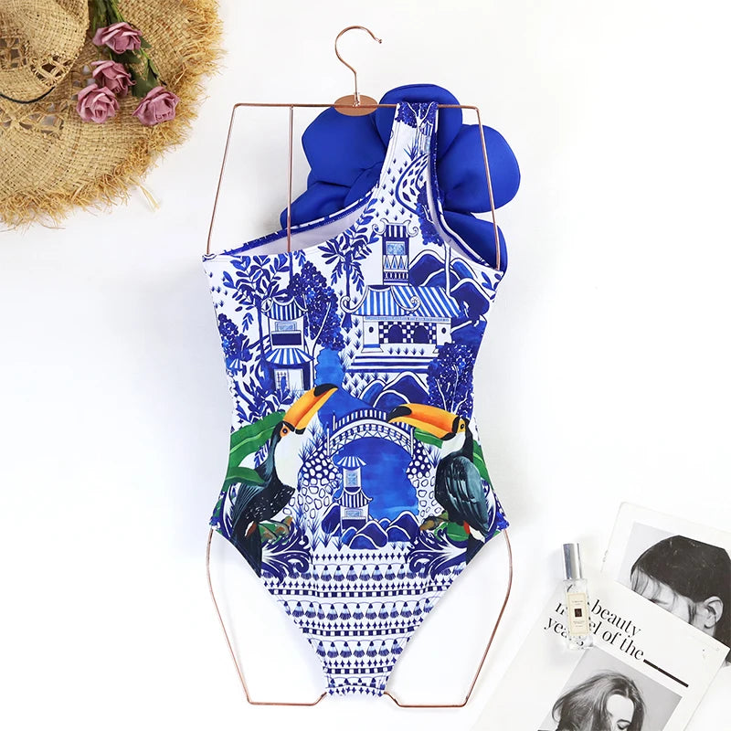 Costume da bagno floreale con stampa floreale con volant monospalla blu Set copricostume singolo micro monokini costumi da bagno sexy per ragazze Summer Beach