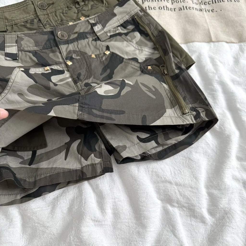 Y2K Minigonna moda Donna Harajuku Retro Camouflage Stampa grafica Verde militare Gonna corta Goth Multi tasche Pantaloncini a vita bassa