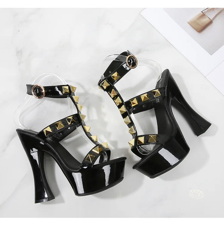 New Rivet Designer High Heels 2025 Fashion Thick Platform Club Women Pumps Sexy Summer Models Sandals White Black Red Woman Shoe