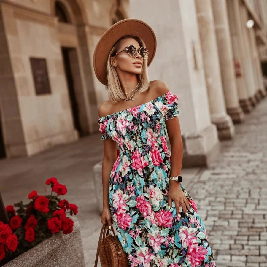 Abito estivo da donna con stampa Moda sexy scollo a V manica corta con spalle scoperte Abiti maxi eleganti casual Clubwear femminile Abito casual
