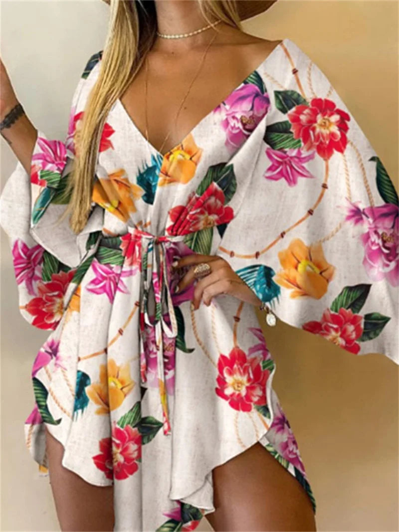 Abito da donna con stampa sexy scollo a V manica a pipistrello con volant fiori stampa Bohemian Beach vestito estivo da donna mini abiti larghi per le vacanze estive
