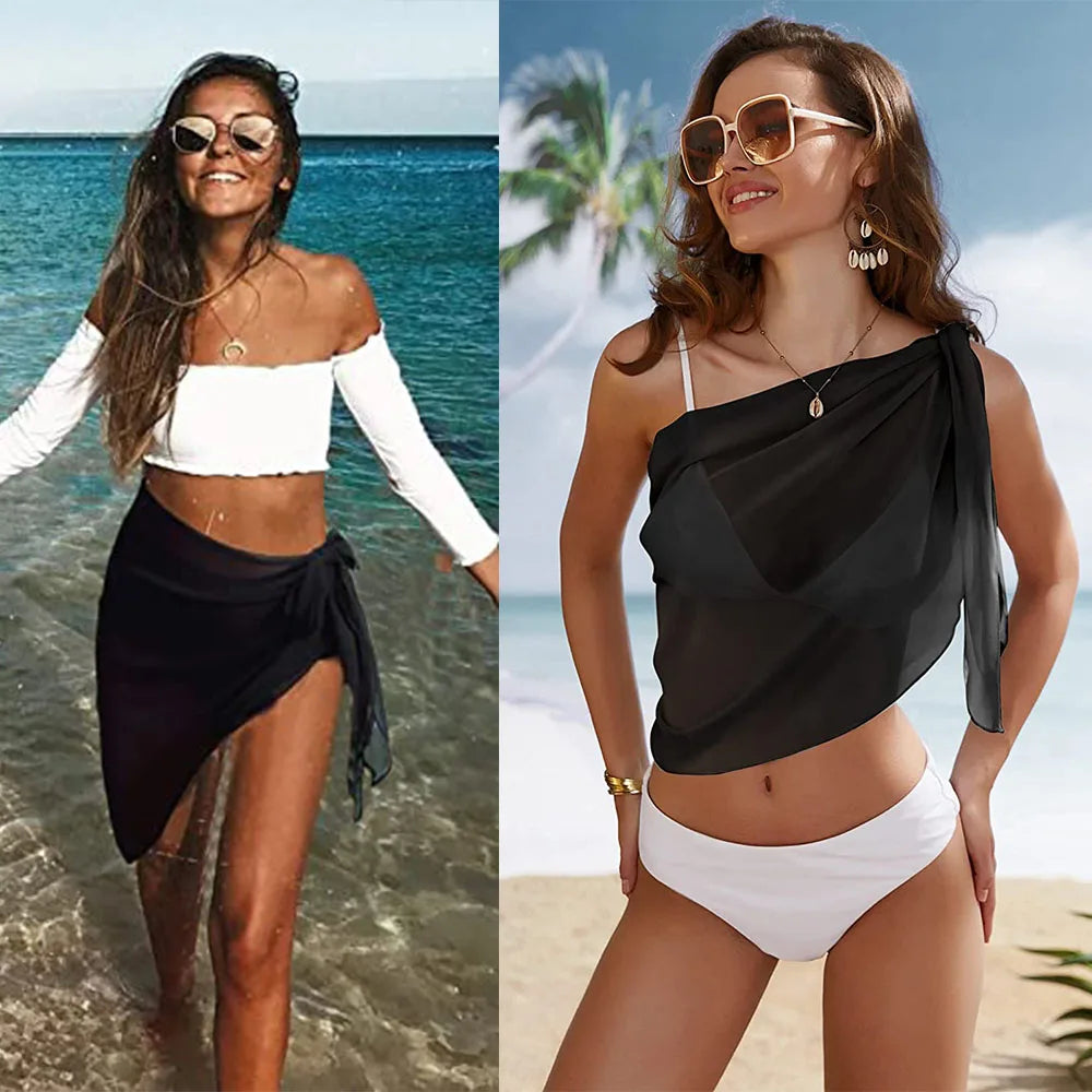 Damen Chiffon Kurz Sarongs Bikini Strandüberwurf Badeanzug Pareo Wickelrock für Bademode