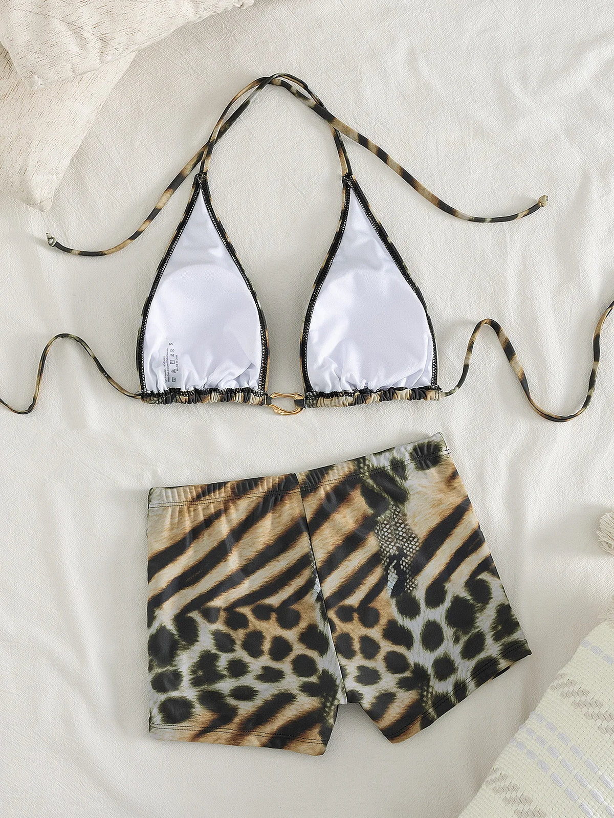 Damen Bikini-Set mit Leoparden- und Zebramuster, Neckholder Triangel-Oberteil mit gerafften High Waist Shorts, zweiteiliger Badeanzug für den Strandurlaub