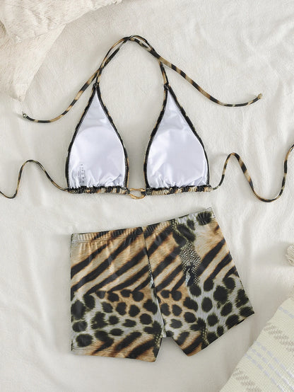 Damen Bikini-Set mit Leoparden- und Zebramuster, Neckholder Triangel-Oberteil mit gerafften High Waist Shorts, zweiteiliger Badeanzug für den Strandurlaub