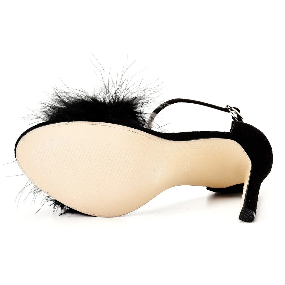 Sexy Feather High Heel Sandals Women's European  American Large 46 Fish Mouth High Heel Sandals Women Shallow Mouth Women's Shoe