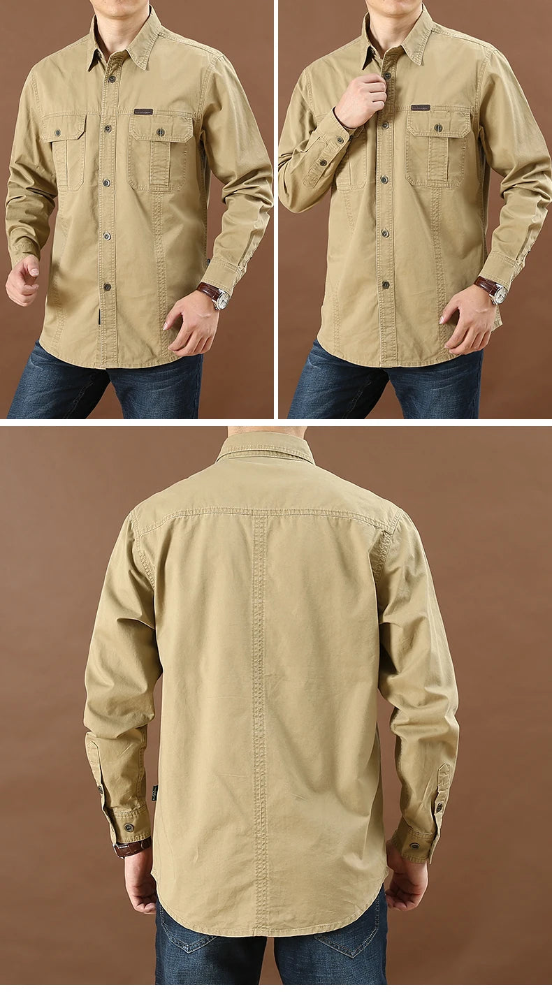 100% cotone di alta qualità primavera autunno moda uomo manica lunga tinta unita camicia Casual Multi tasca 6XL giacca Cargo di grandi dimensioni