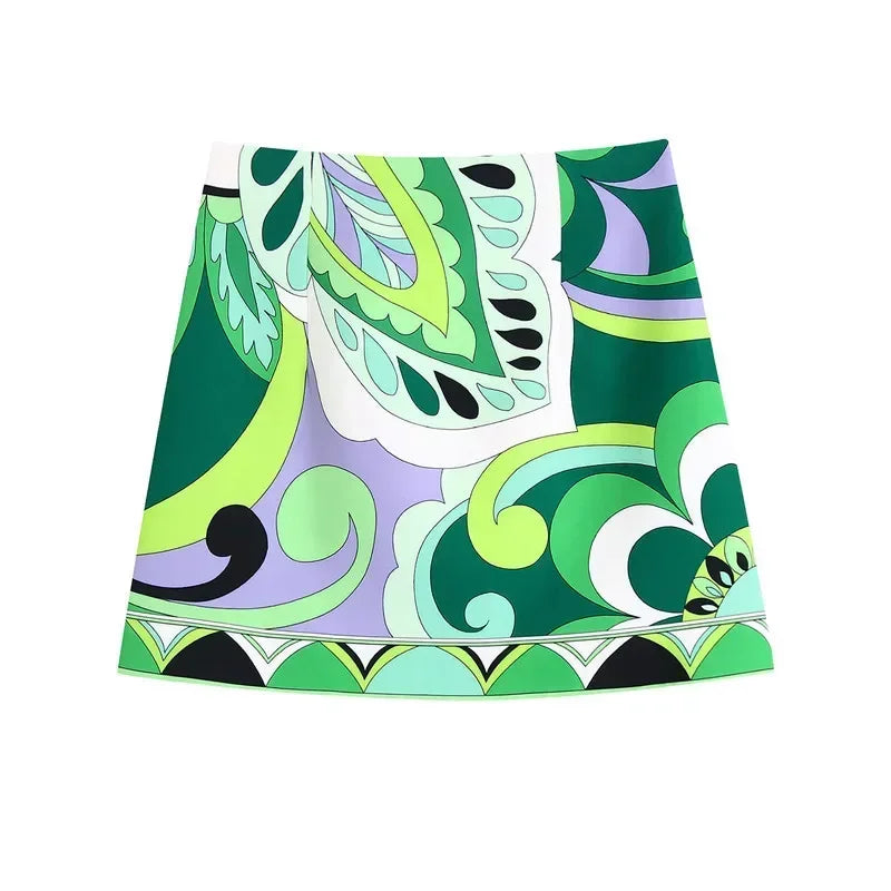 Summer Skirt Sets Women Tops Fashion Long Sleeve Plant Print Flower Shirt High Waist A-line Skirt Boho Beach Sets Y2k Skirt