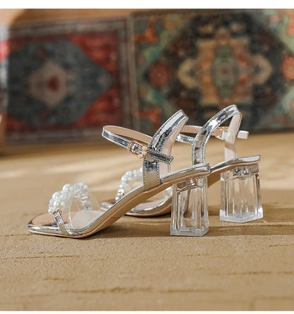 Damen-Sommersandalen 2026 Neu mit Perlen High Heels Pantoletten Mädchen mit Kristallabsatz Trendige transparente Sommerschuhe