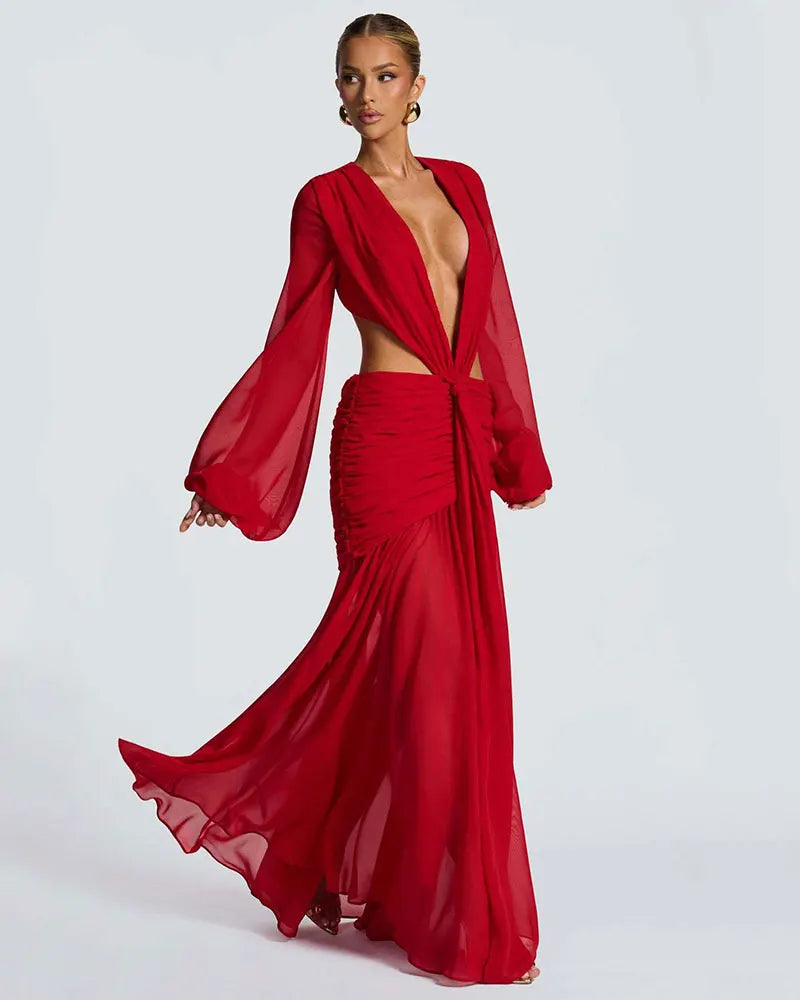 GACVGA Abito lungo elegante in chiffon per donna Nuovi abiti con maniche a lanterna Abiti lunghi aderenti da club sexy pieghettati