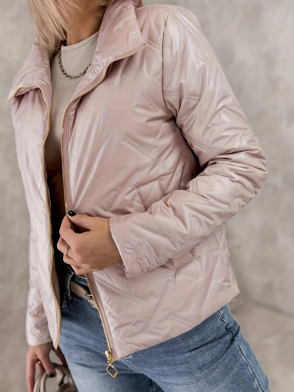 Abbigliamento donna 2025 Nuovo autunno e inverno Tinta unita a maniche lunghe Risvolto Elegante cerniera Giacca imbottita in cotone termico