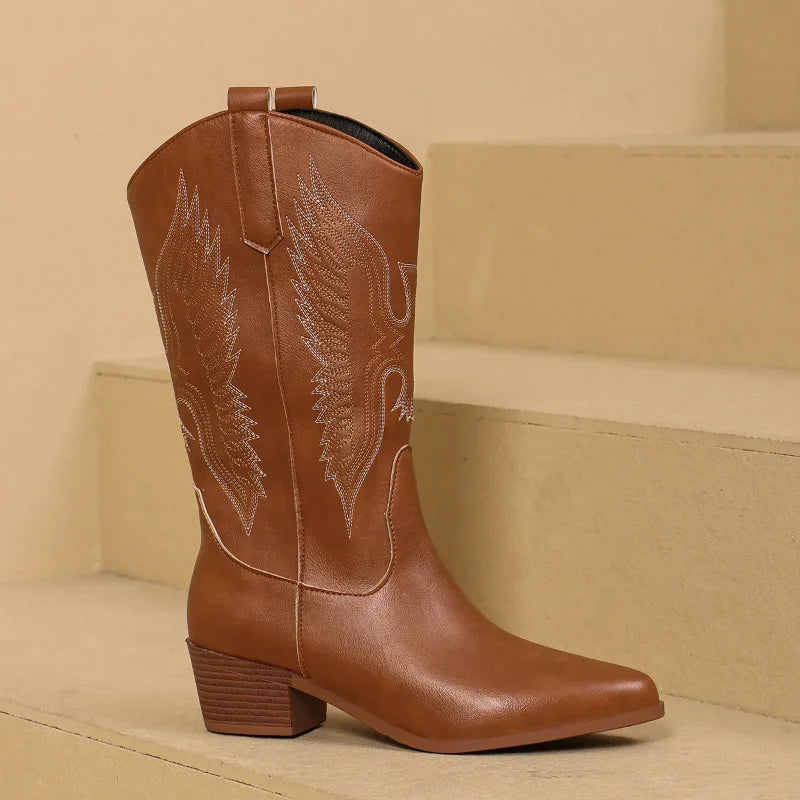 Western Women Boots 2025 Autumn Winter Fashion Chunky Heeled Cowboy Boots Vintage Style Country Western Cowgirl High Heels Boots