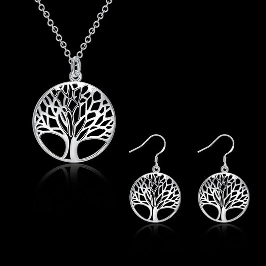 Parure de bijoux pour femme, couleur argent, style rétro, avec pendentif rond représentant un arbre, collier et boucles d'oreilles, mode, fête, mariage, cadeaux de vacances