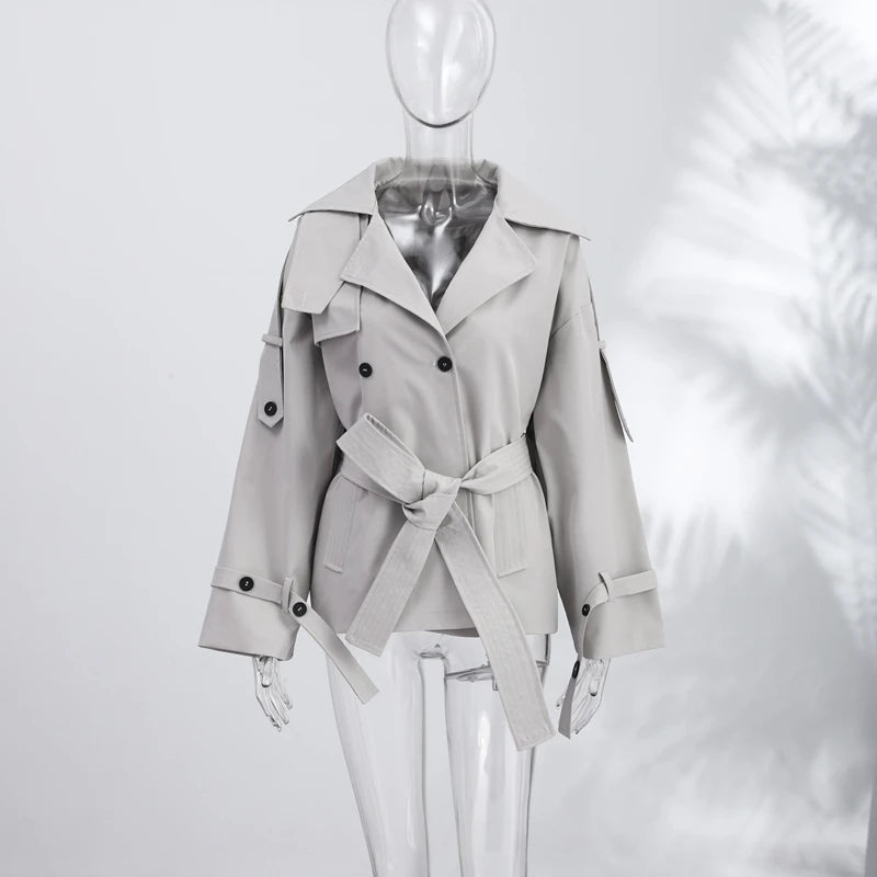 Trench Coat Corto da Donna con Cintura, Collo a Risvolto, Maniche Lunghe, Oversize, Antivento, Primavera-Autunno 2026