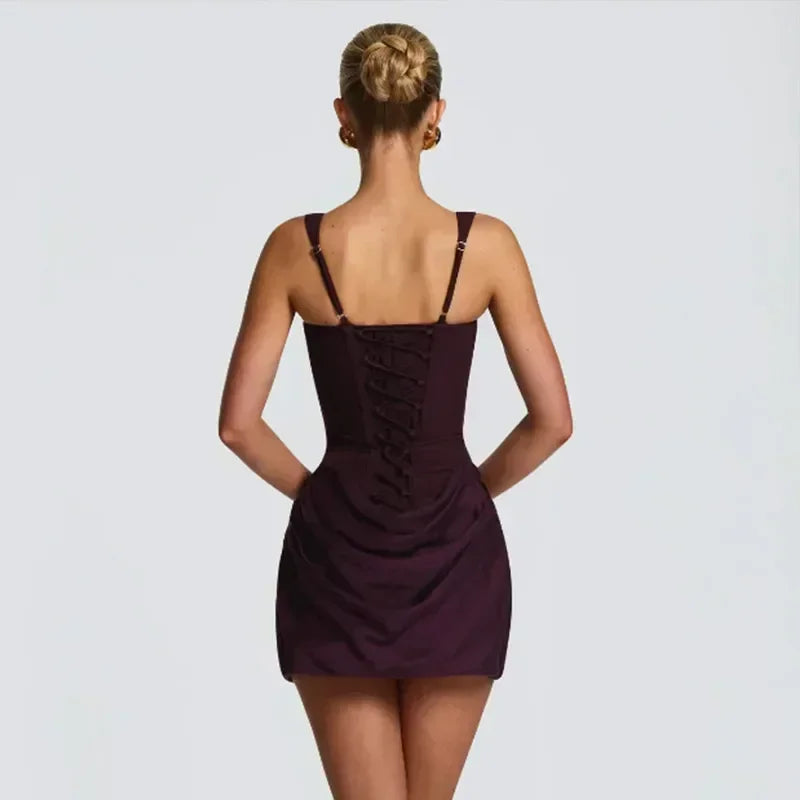 Mini abito da donna con scollo a V e scollo all'americana senza schienale Moda senza maniche a vita alta Abiti aderenti 2025 Nuova estate Lady Party Holiday Robes