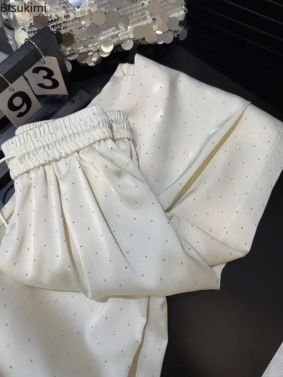2026 Pantaloni a gamba larga con strass pieni di lusso di alta qualità Moda nuovi pantaloni dritti a vita alta con coulisse Pantaloni casual da donna