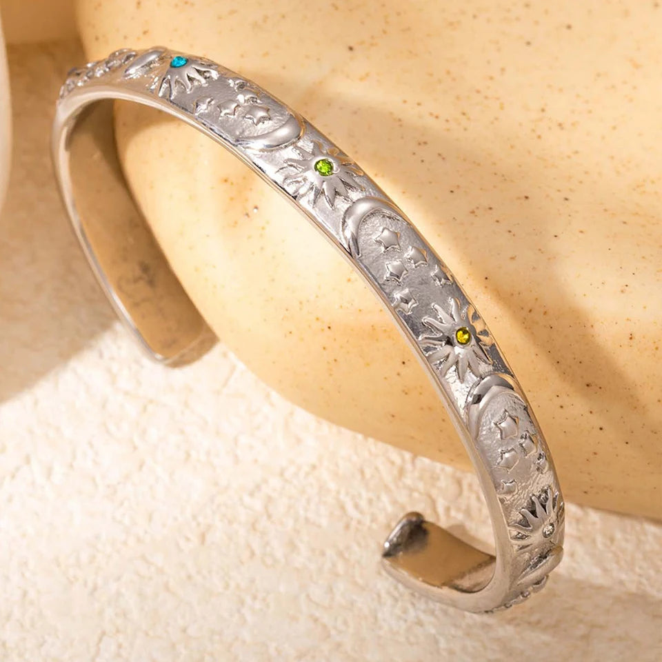 Bracciale rigido classico in acciaio inossidabile con stella lunare e sole, eleganti braccialetti aperti in metallo per le donne, regalo per feste