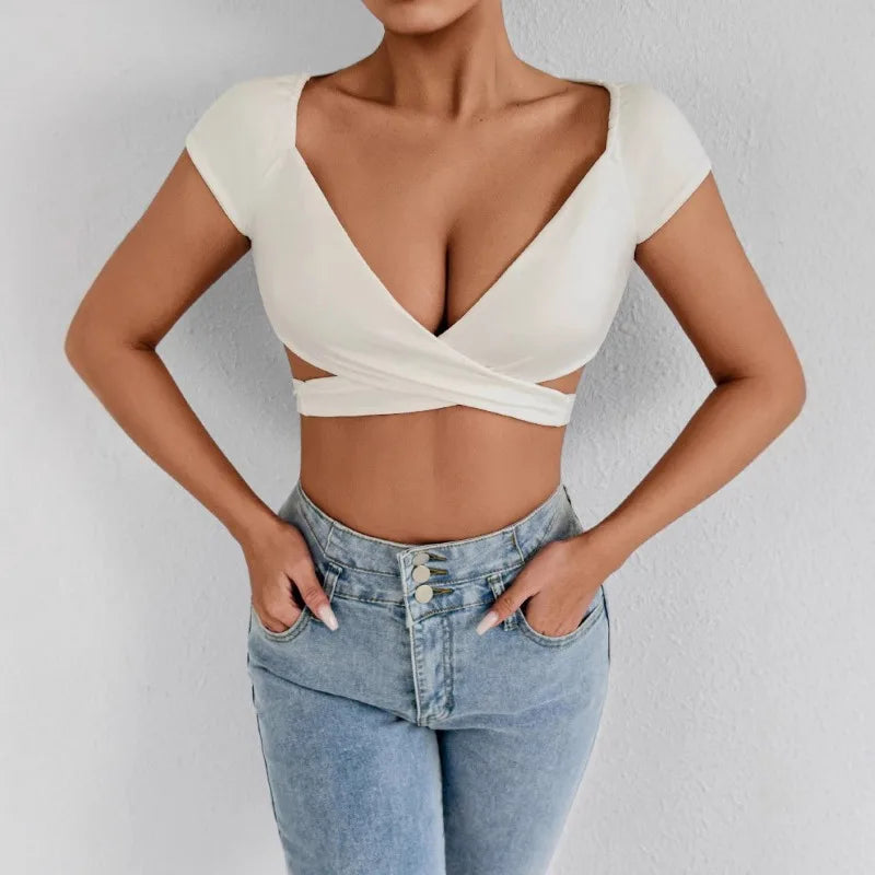 T-shirt d'été sexy à col en V pour femme, top court push-up taille haute en mélange extensible, tenue quotidienne de club, plage, élégant, pour courbes