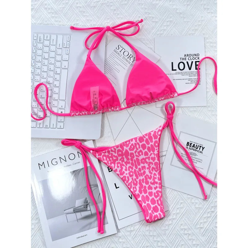 Ensembles bikini léopard, tenues de plage sexy pour femmes, maillot de bain bandeau, bikini ficelle, maillot de bain femme, ensemble bikini