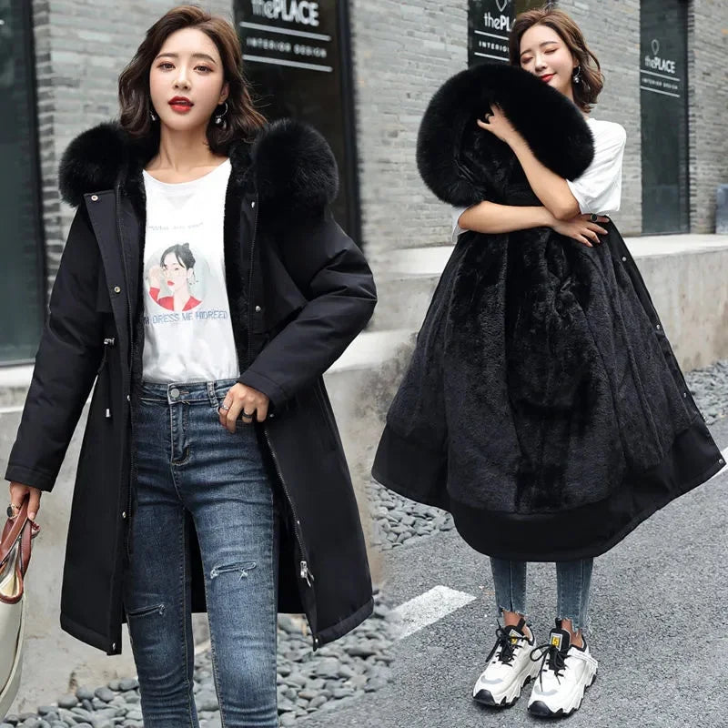 Giacca Invernale 2026 Nuova Parka da Donna Cappotto Lungo con Fodera in Lana Giacca con Cappuccio Collo in Pelliccia Spessa e Calda Abbigliamento da Neve Parka Imbottito 6XL