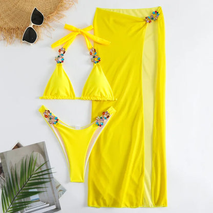 Bikini Giallo Sexy con Strass 2026, Costume da Bagno Femminile, Set Bikini Brasiliano, Abbigliamento da Spiaggia