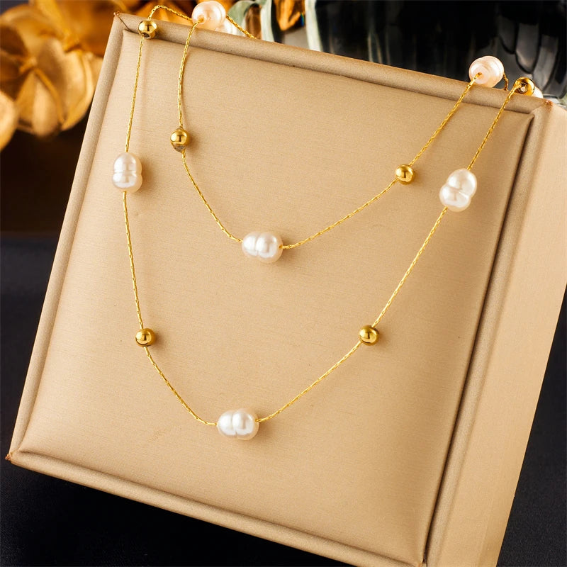 DIEYURO 316L Acciaio Inossidabile Doppio Strato di Perle 2in1 Catene Collana Per Le Donne di Nuovo Modo Delle Ragazze Girocollo Impermeabile Gioielli Regali