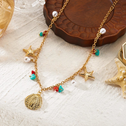 Collier coquillage pour femmes, design de mode, étoile de mer, perle, pendentifs multiples, chaîne clavicule, bijoux d'été