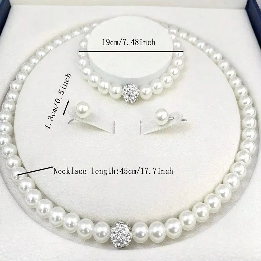 3 pezzi di perle finte palla di fuoco collana braccialetto orecchino set di gioielli con perno colore argento pietra di cristallo elegante regalo di gioielli da sposa