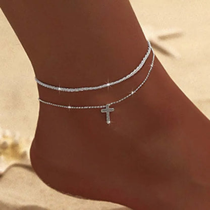 Cavigliera a catena sottile scintillante per donna Bracciale a doppio strato con ciondolo a forma di croce a cuore con zirconi sul piede della gamba Gioielli da spiaggia estivi alla moda