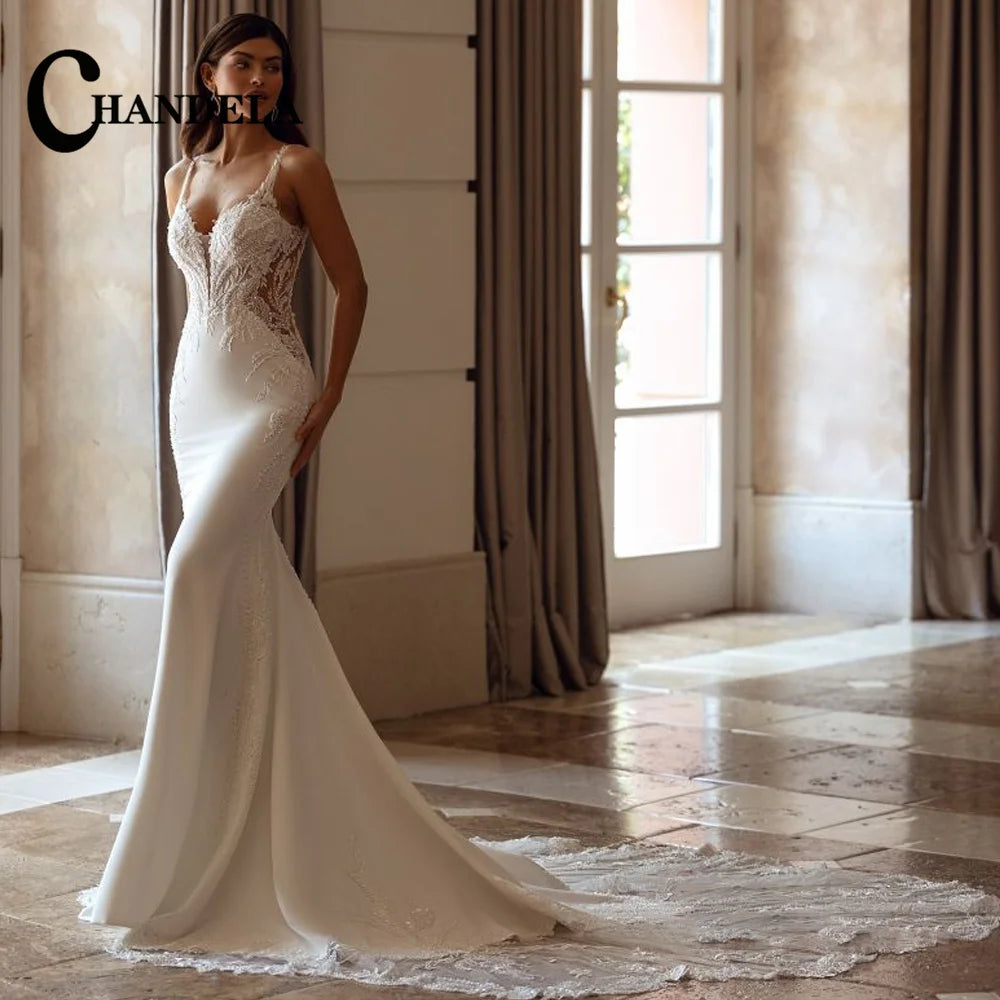 CHANDELA Abiti da sposa a tromba alla moda per le donne Sposa Applicazioni in pizzo con spalle scoperte Allacciatura Sweep Train Personalizzato