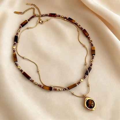 Collana con ciondolo a strati in pietra occhio di tigre stile retrò per donna, set di gioielli con catena a clavicola in acciaio inossidabile
