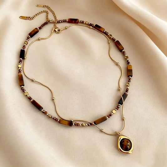 Collana con ciondolo a strati in pietra occhio di tigre stile retrò per donna, set di gioielli con catena a clavicola in acciaio inossidabile