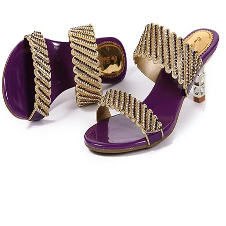 2024 nuove donne estate moda Comfort sandali eleganti oro una parola diamante tacco a spillo sandali con strass tacco medio