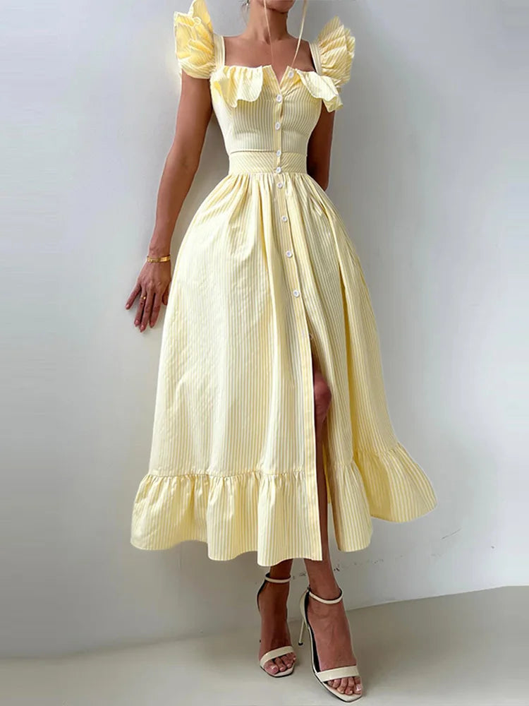BKQU Abito lungo elegante con maniche volanti a righe con volant Abito lungo da donna chic con colletto quadrato sottile monopetto Abito lungo da festa estivo femminile
