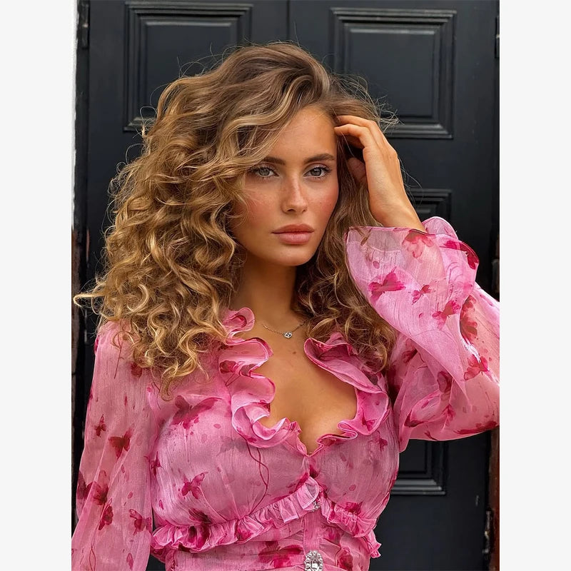 Abito Elegante Floreale da Donna a Trapezio con Pieghe, Mini Abito Sexy a Maniche Lunghe con Volant e Vita Stretta, Abiti da Sera per Vacanze e Street Style 2026