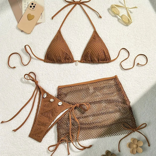 Pure Color Mesh 3-Piece Bikini Set - Seamless Solid Pattern Swimsuit Ensemble