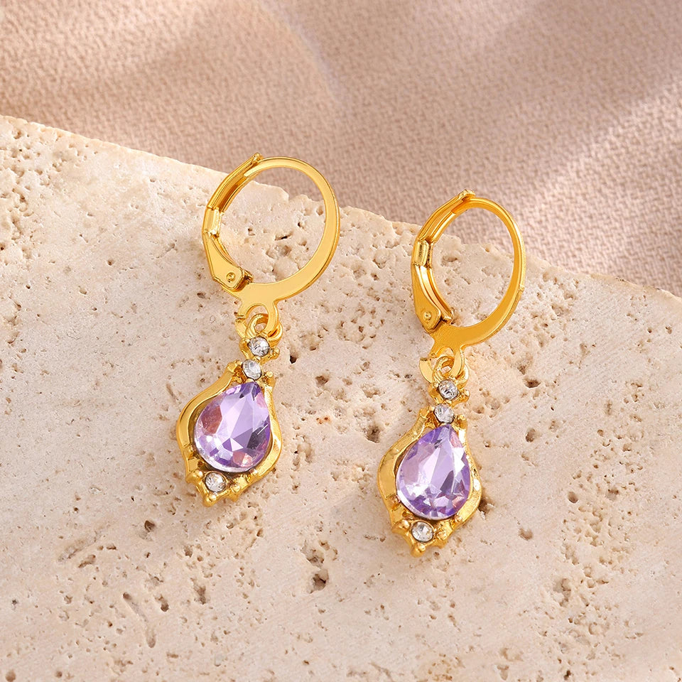 ZAKOL Orecchini a cerchio con goccia in pietra di cristallo viola lucido vintage per le donne Acqua Dorp Boho Orecchini pendenti lunghi Regalo di gioielli