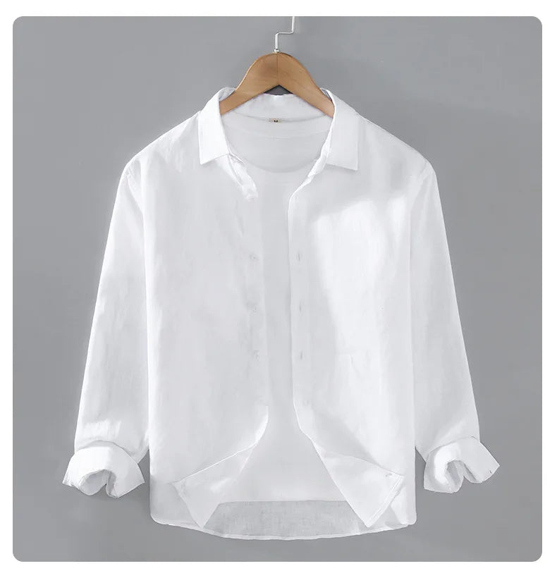 Camicia a maniche lunghe in lino 100% per uomo Primavera Autunno Moda Buona qualità Tinta unita Sottile e traspirante Camicetta con risvolto sano Top maschile