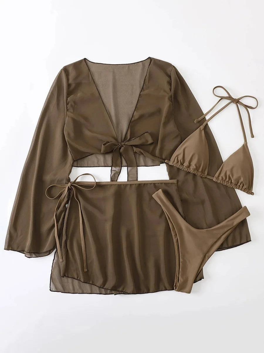 4 pezzi con pareo in rete copricostume bikini a maniche lunghe costume da bagno femminile costumi da bagno donna costume da bagno bikini a quattro pezzi costumi da bagno