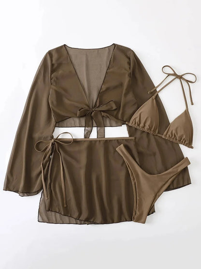 4 pezzi con pareo in rete copricostume bikini a maniche lunghe costume da bagno femminile costumi da bagno donna costume da bagno bikini a quattro pezzi costumi da bagno