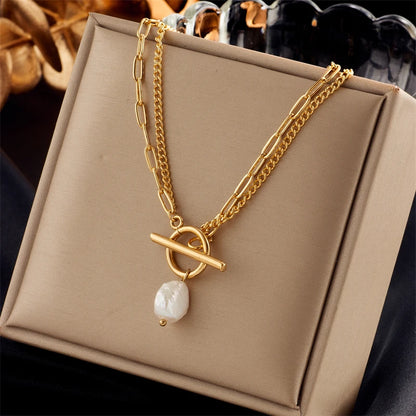 DIEYURO Acciaio Inossidabile 316L OT Chiusura Grande Collana con Ciondolo di Perle Per Le Donne Nuove Ragazze Catena a 2 Strati Gioielli Regali Del Partito Bijoux