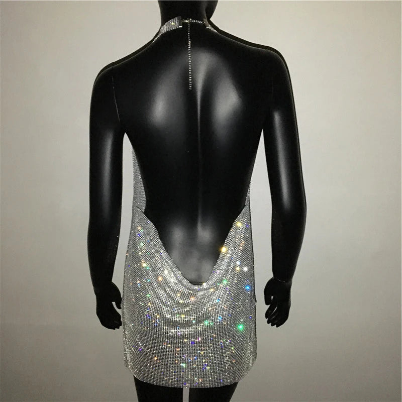 Mini abito sexy con scollo a V senza schienale per le donne Abiti da sera da club per feste con strass lucidi con scollo all'americana e spacco laterale