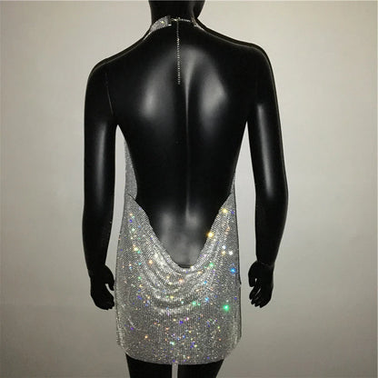 Mini abito sexy con scollo a V senza schienale per le donne Abiti da sera da club per feste con strass lucidi con scollo all'americana e spacco laterale