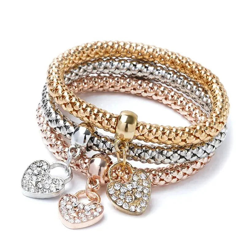 Set da 3 pezzi con lucchetto a forma di cuore, chiave, segno musicale, braccialetto con ciondoli, gufo, placcatura in oro rosa, catena color argento, set di gioielli con bracciale con ciondolo Owm
