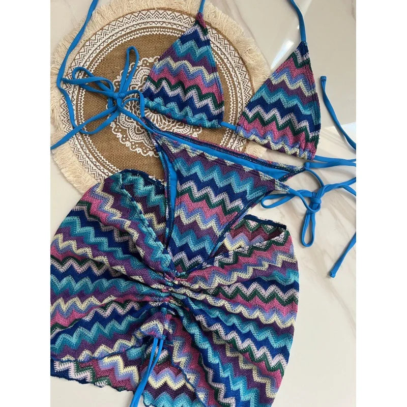 Costume da bagno estivo da donna nuovo, bikini lavorato a maglia in 3 pezzi con costumi da bagno con copertura avvolgente e scollo all'americana per le vacanze al mare