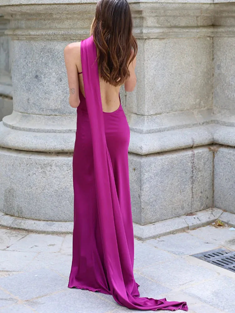 Sciarpa a nastro Halter Abito da donna Spalla inclinata Raso di seta Slim Fit Streamer Grandi abiti sexy senza schienale Abiti lunghi da donna Estate