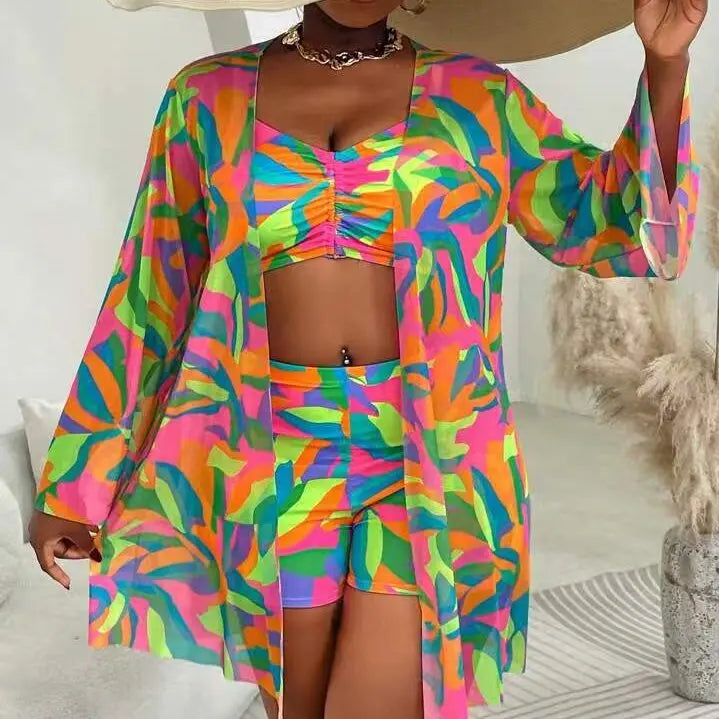 L-4XL Plus Size Set da 3 pezzi Bikini Cover Up Costume da bagno push up da donna Estate Mujer Costumi da bagno con controllo della pancia Set bikini oversize