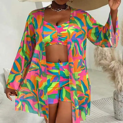 L-4XL Plus Size Set da 3 pezzi Bikini Cover Up Costume da bagno push up da donna Estate Mujer Costumi da bagno con controllo della pancia Set bikini oversize