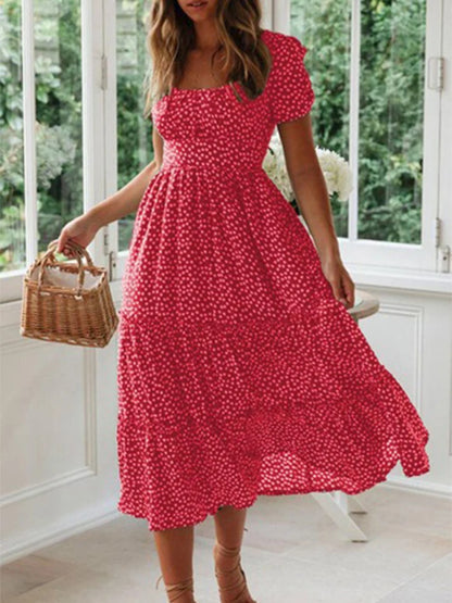 Abiti vintage stampa vintage manica a sbuffo estate spiaggia abiti dolci casual colletto quadrato floreale maxi abito lungo festa